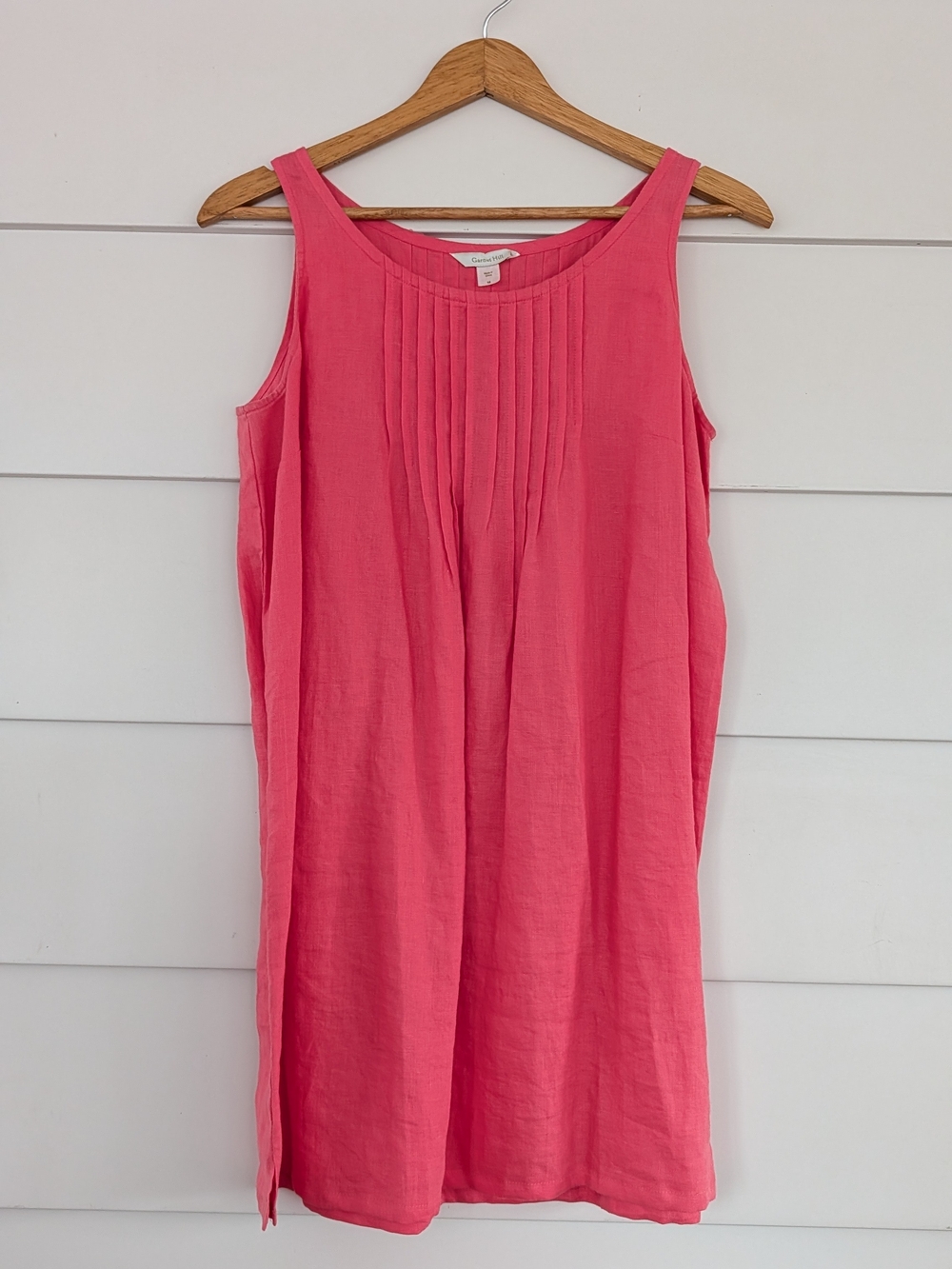 Garnet Hill Coral-Pink Linen Pleated Shift Dress, Shirt Dress, Size 10